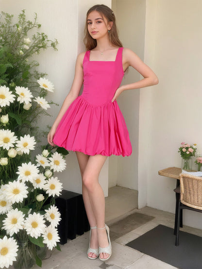 Robes de Retour à la Maison Plissées Courtes sans Manches Col Carré Ligne A/Princesse