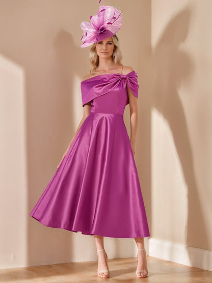 Robes de Mère de la Mariée A-Ligne/Princesse Décolleté Dégagé Manches Courtes Longueur Thé