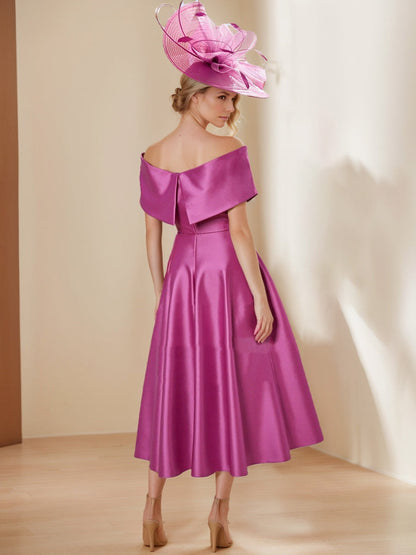 Robes de Mère de la Mariée A-Ligne/Princesse Décolleté Dégagé Manches Courtes Longueur Thé