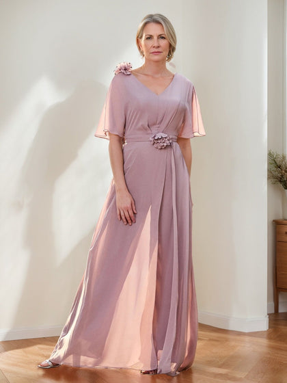 Combinaisons-Pantalons en Chiffon pour Mère de la Mariée, Col en V, sans Manches à Moitié, avec Fleurs 3D