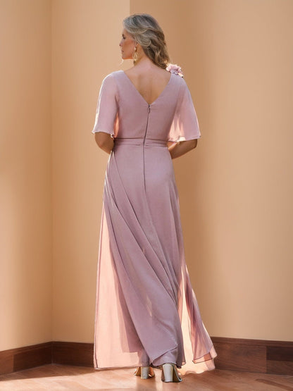 Combinaisons-Pantalons en Chiffon pour Mère de la Mariée, Col en V, sans Manches à Moitié, avec Fleurs 3D