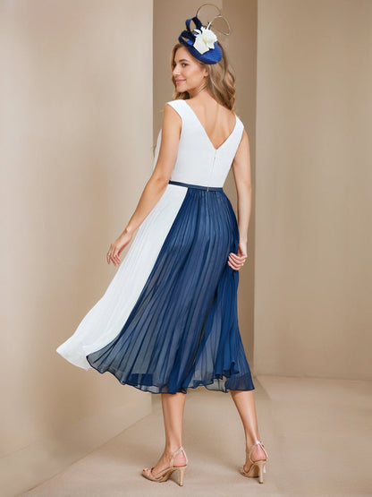 Robes de Mère de la Mariée Plissées, Col Rond, sans Manches, Longueur Mi-Mollet, Style Trapèze/Princesse