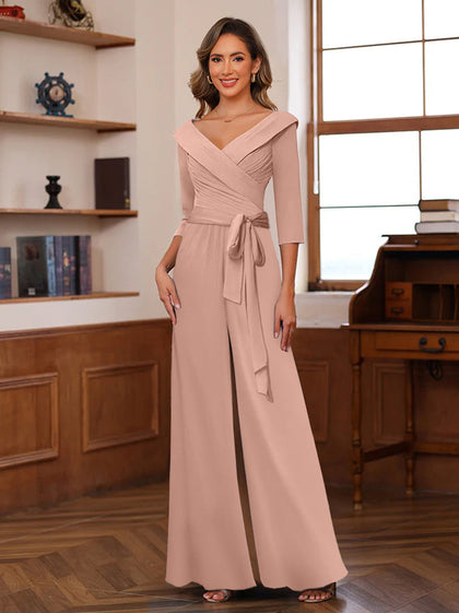 Combinaisons Pantalon en Mousseline à Col en V, sans Manches 3/4, Plissées pour Mère de la Mariée avec Ceinture