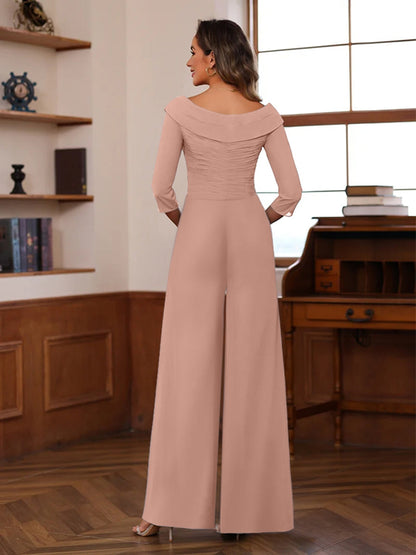 Combinaisons Pantalon en Mousseline à Col en V, sans Manches 3/4, Plissées pour Mère de la Mariée avec Ceinture