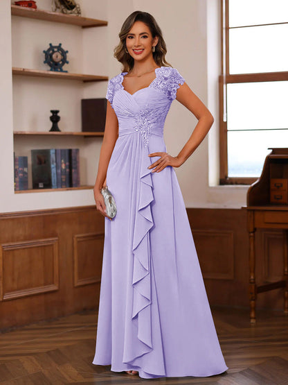 Robes de Mère de la Mariée A-Ligne/Princesse Col Cœur Manches Courtes avec Appliques & Volants
