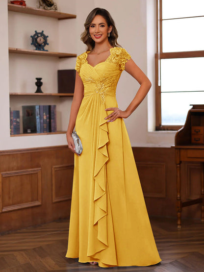 Robes de Mère de la Mariée A-Ligne/Princesse Col Cœur Manches Courtes avec Appliques & Volants