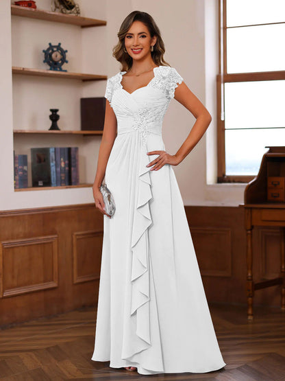 Robes de Mère de la Mariée A-Ligne/Princesse Col Cœur Manches Courtes avec Appliques & Volants