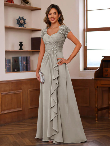 Robes de Mère de la Mariée A-Ligne/Princesse Col Cœur Manches Courtes avec Appliques & Volants