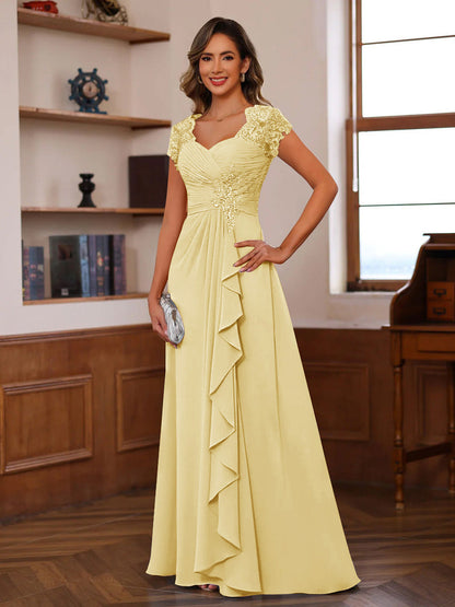 Robes de Mère de la Mariée A-Ligne/Princesse Col Cœur Manches Courtes avec Appliques & Volants