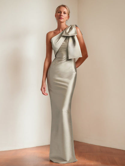 Robes Longues de Mère de la Mariée, Style Fourreau/Colonne, Épaule Unique, Longueur Au Sol avec Nœud