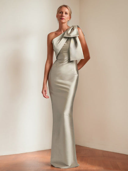Robes Longues de Mère de la Mariée, Style Fourreau/Colonne, Épaule Unique, Longueur Au Sol avec Nœud
