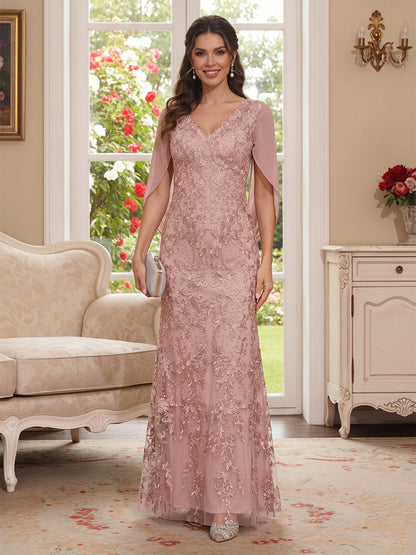 Robe Mère de la Mariée Gaine/Colonne Col en V Manches Courtes Longueur Sol avec Appliques & Cape