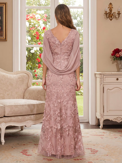 Robe Mère de la Mariée Gaine/Colonne Col en V Manches Courtes Longueur Sol avec Appliques & Cape