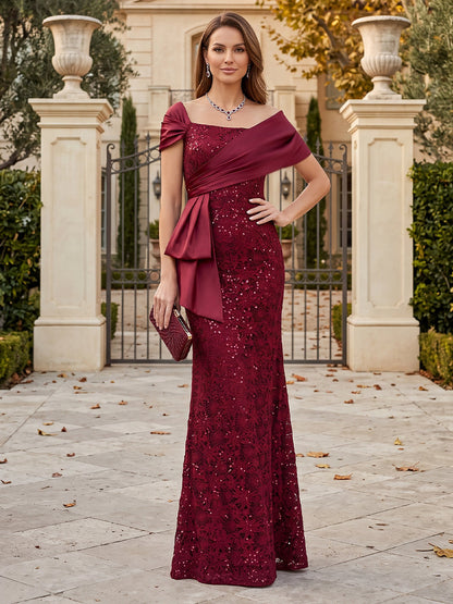 Robes pour mère de la mariée en dentelle, coupe fourreau, épaules dénudées, avec cape et sequins