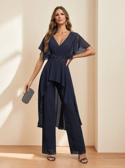 Combinaisons de Pantalon pour Mère de la Mariée en Chiffon avec Col en V, Manches Courtes, Fronces et Appliqués