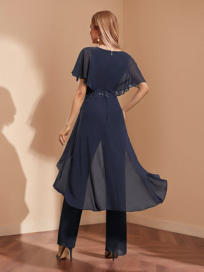 Combinaisons de Pantalon pour Mère de la Mariée en Chiffon avec Col en V, Manches Courtes, Fronces et Appliqués