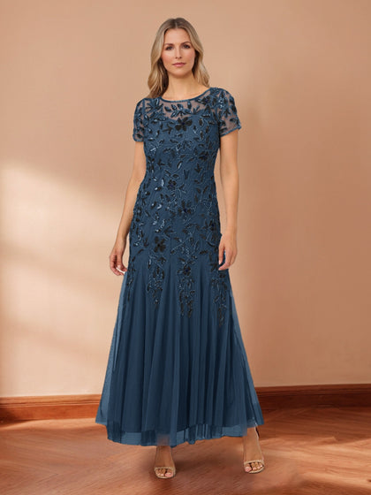 Robes de Mère de la Mariée Fourreau/Colonne Décolleté en Cuillère Manches Courtes Perlées avec Paillettes