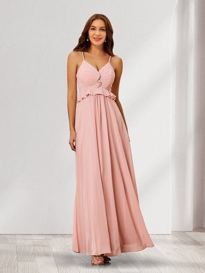 Robes de Demoiselle d'Honneur en Chiffon Plissé avec Bretelles Spaghetti et Volants, Style A-Line/Princesse