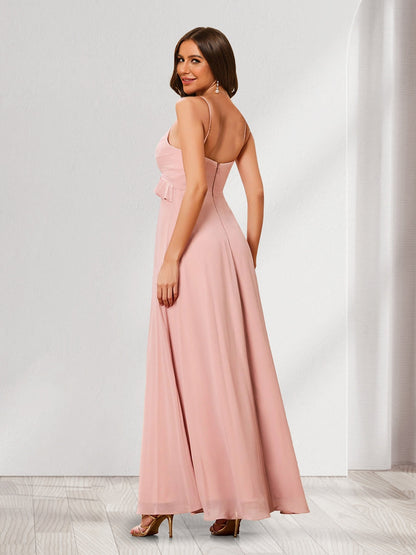 Robes de Demoiselle d'Honneur en Chiffon Plissé avec Bretelles Spaghetti et Volants, Style A-Line/Princesse