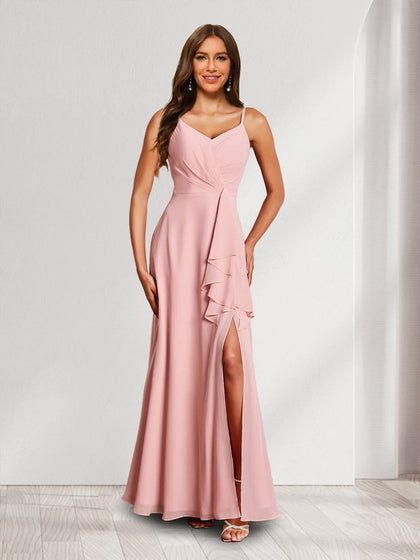 Robes de Demoiselle d'Honneur en Chiffon Trompette/Sirène avec Bretelles, Col en V, Volants et Fente Latérale