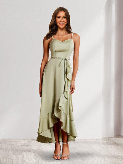 Robes D'Invité de Mariage Asymétriques à Col en V et Bretelles, Style Trapèze/Princesse avec Volants