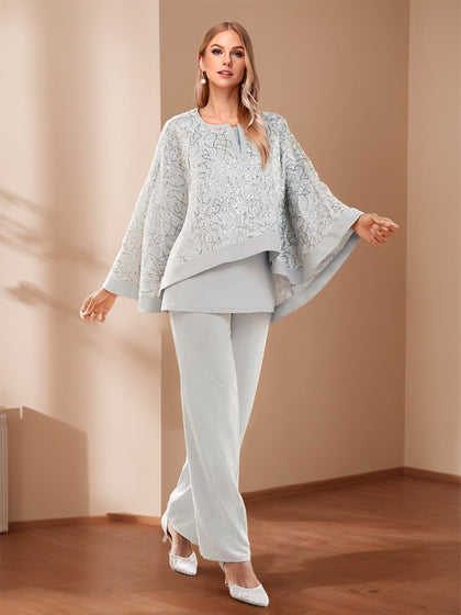 Ensemble 3 Pièces pour Mère de la Mariée en Chiffon avec Col Rond, Manches Longues et Pantalons Ornés de Sequins