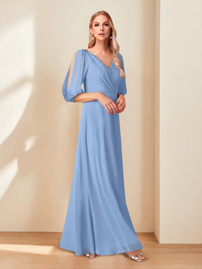 Robes de Mère de la Mariée en Chiffon, Col en V, Manches Mi-Longues, Style Princesse/Trapèze