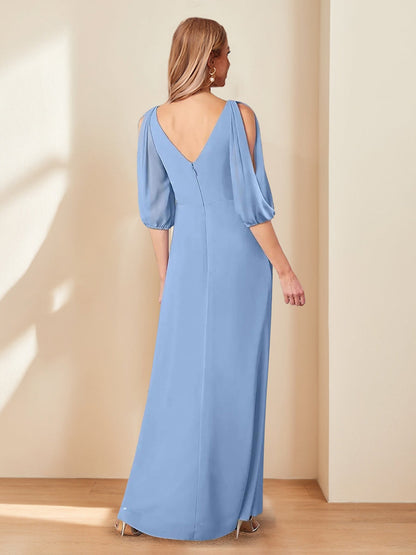 Robes de Mère de la Mariée en Chiffon, Col en V, Manches Mi-Longues, Style Princesse/Trapèze