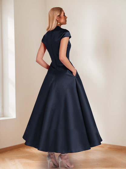 Robes de Mère de la Mariée Ligne A/Princesse Col V Manches Courtes avec Poches & Fleur