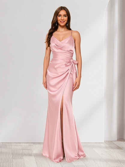 Robes de Demoiselle d'Honneur Longues à Fente Latérale, Col Drapé, Bretelles, Style Fourreau/Colonne, Plissées