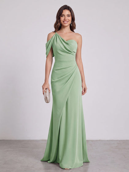 Gaine/Colonne Asymétrique Une épaule Longueur du sol Ruchée Robes Longues de Demoiselle d'Honneur avec Côté Divisé