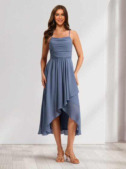 Robes de Demoiselle d'Honneur en Chiffon Asymétrique Longueur Thé avec Bretelles Ligne A/Princesse