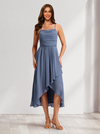 Robes de Demoiselle d'Honneur en Chiffon Asymétrique Longueur Thé avec Bretelles Ligne A/Princesse
