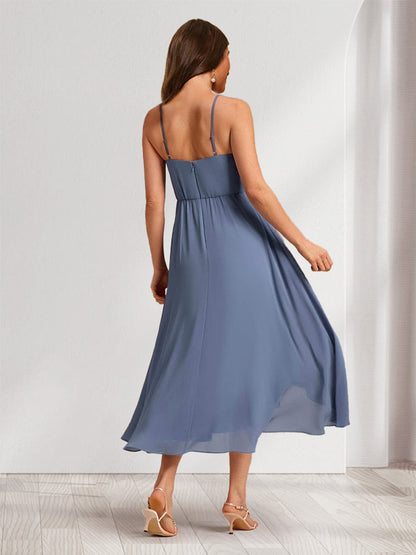 Robes de Demoiselle d'Honneur en Chiffon Asymétrique Longueur Thé avec Bretelles Ligne A/Princesse