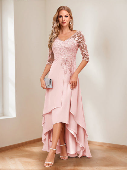 Robes de Mère de la Mariée Ligne A/Princesse Col V Manches Mi-Longues Asymétriques avec Appliqués