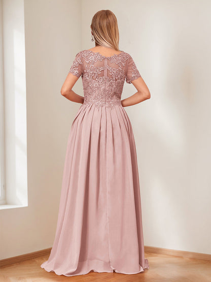Robes de Mère de la Mariée A-Ligne/Princesse Col V Manches Courtes avec Appliqués et Volants