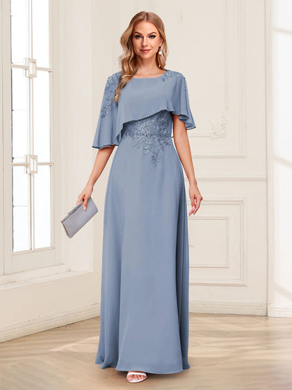 Robes Longues pour Mère de la Mariée en Ligne A/Princesse avec Col Bénitier, Manches Mi-Longues et Appliqués