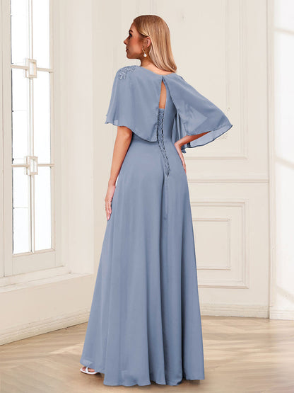 Robes Longues pour Mère de la Mariée en Ligne A/Princesse avec Col Bénitier, Manches Mi-Longues et Appliqués