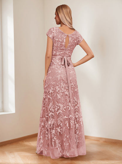 Robes de Mère de la Mariée A-Ligne/Princesse Col en U Manches Courtes avec Appliques et Perles