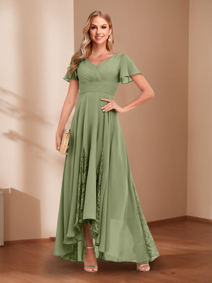 Robes de Mère de la Mariée Ligne A/Princesse Col V Froncé Asymétrique avec Appliques en Dentelle