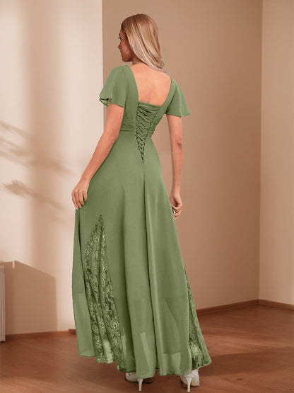 Robes de Mère de la Mariée Ligne A/Princesse Col V Froncé Asymétrique avec Appliques en Dentelle