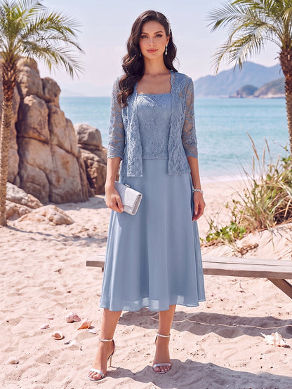 Ligne A/Princesse Col Carré Longueur Thé Robes Mère de la Mariée Robes avec Dentelle Appliques & Veste