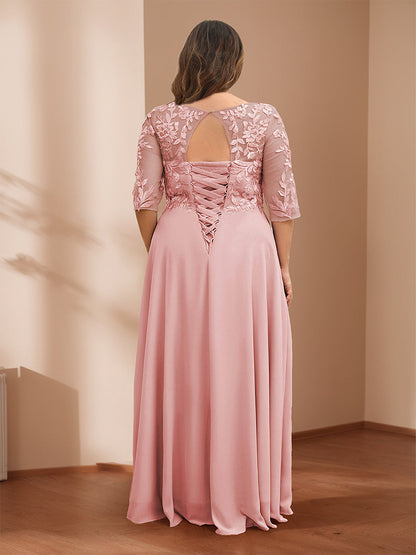 Robes de Mère de la Mariée Grande Taille Col en V Ligne A/Princesse avec Appliques et Traîne Watteau