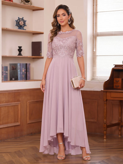 Ligne A/Princesse Cou d'illusion Demi-manches Asymétrique Robes Mère de la Mariée avec Appliques