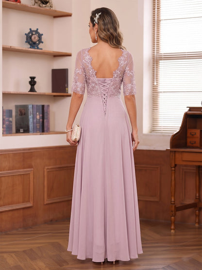 Ligne A/Princesse Cou d'illusion Demi-manches Asymétrique Robes Mère de la Mariée avec Appliques