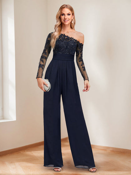 Combinaisons Une Épaule Longues pour Mère de la Mariée avec Appliques et Sequins