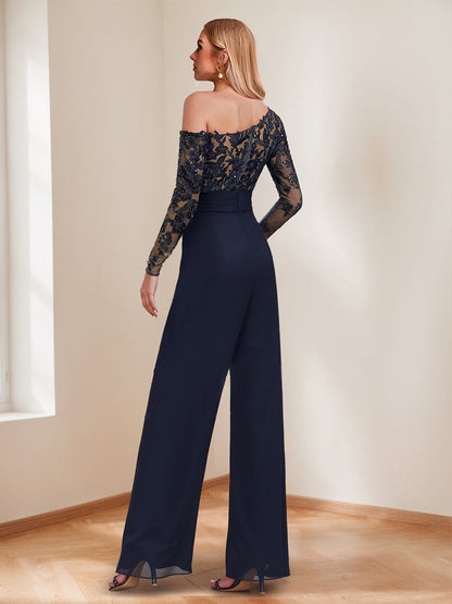 Combinaisons Une Épaule Longues pour Mère de la Mariée avec Appliques et Sequins