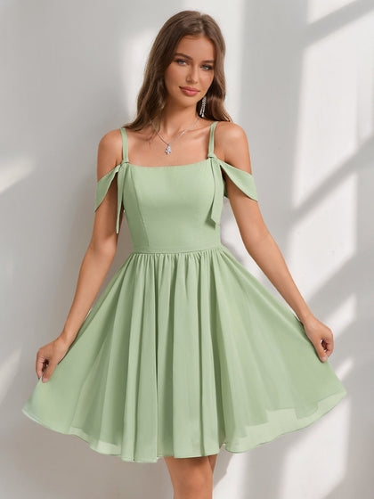 Robes de Retour Courtes en Chiffon sans Manches Carré Ligne A/Princesse avec Plis