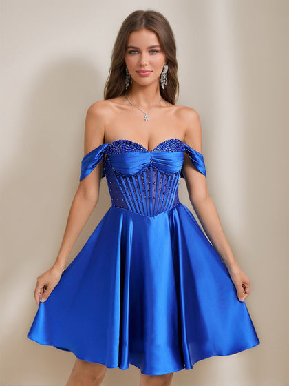 Robes de Retour à la Maison Élégantes Courtes Épaules Dénudées Ligne A/Princesse avec Strass