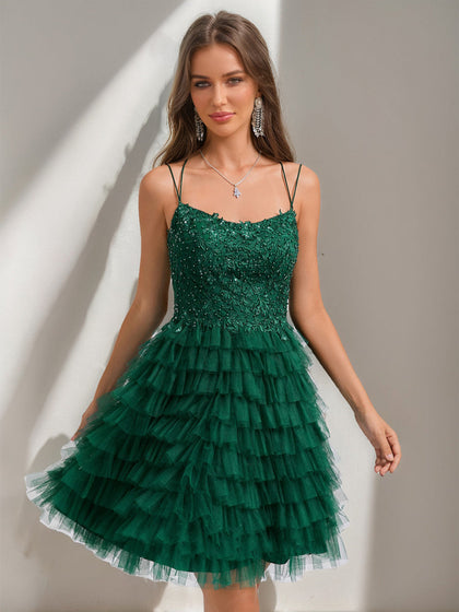 Robe de Bal Bretelles Fines Pailletée Courte pour Retour à la Maison avec Perles et Appliqués
